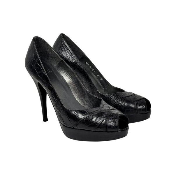 STUART WEITZMAN Pip Toe Platform Heels Sz. 9 Black Croc Leather Stiletto Classic - Picture 4 of 11